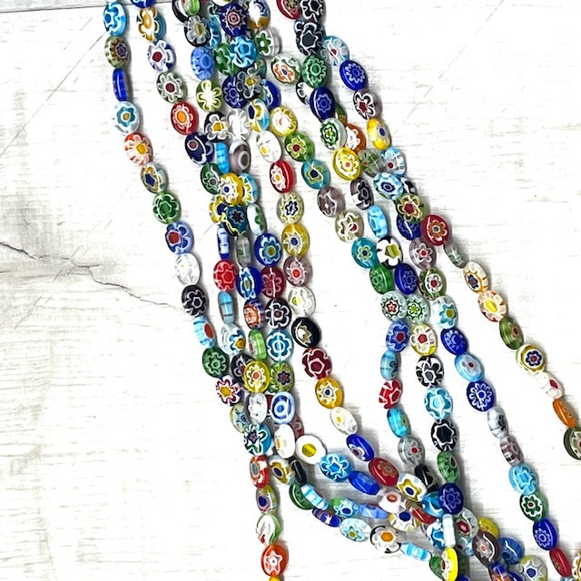 Millefiori Puffed Oval w/Flower, 9x8mm, 14" Strand
