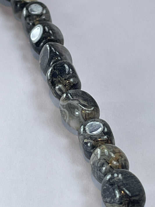 Black Silver Leaf Jasper Nugget, 8x10mm, 8" Strand