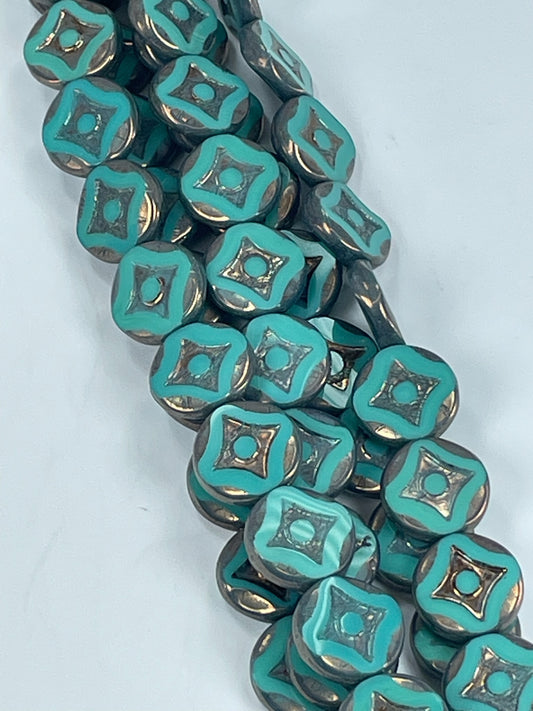 Czech Table Cut Diamond Dot Coin, Turq, 15mm