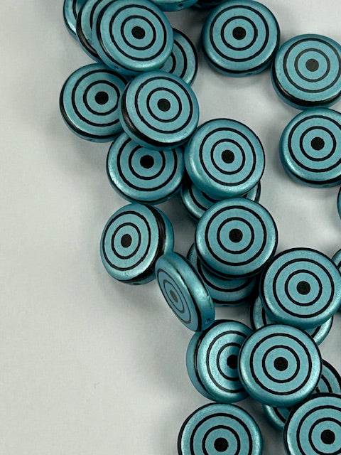 2-Hole Coin Bead - Jet/Turq, 14mm