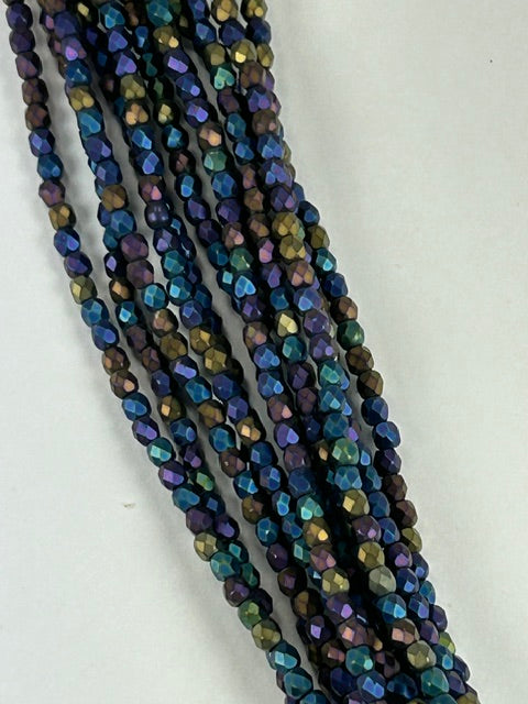 Czech FP- Jet Matted Blue Iris, 3mm 6" Strand