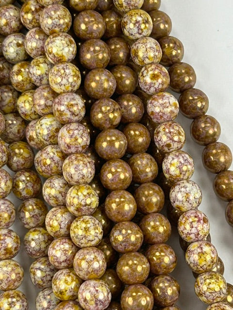 Czech White Lila Gold Luster 8mm