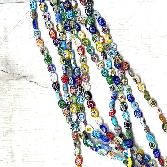 Millefiori Oval Flower, 9x8mm, 14" Strand